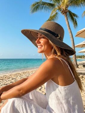 INC International Concepts Brown Wide Brim Straw Sun Hat with Black Band